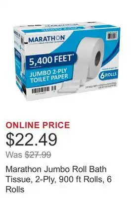 Costco Marathon Jumbo Roll Bath Tissue, 2-Ply, 900 ft Rolls, 6 Rolls offer