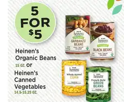 Heinen's Heinen's Organic Beans 15 OZ. or Heinen's Canned Vegetables 14.5-15.25 OZ offer