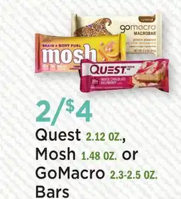 Heinen's Quest 2.12 OZ., Mosh 1.48 OZ. or GoMacro 2.3-2.5 OZ. Bars offer