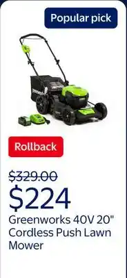 Walmart Greenworks 40V 20 Brushless Push Lawn Mower with 4.0 Ah Battery & Quick Charger 2516302VT offer