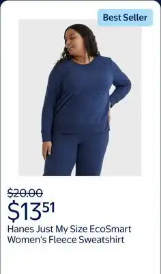 Walmart Hanes Just My Size EcoSmart Women's Fleece Sweatshirt, V-Notch (Plus ) Navy Heather 1X offer