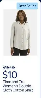 Walmart Time and Tru Women's Double Cloth Cotton Shirt with Long Sleeves offer