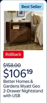 Walmart Better Homes & Gardens Wyatt Geo 2-Drawer Nightstand with USB, Walnut Finish offer