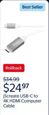 Walmart j5create USB-C to 4K HDMI Computer Cable, JCC153G offer