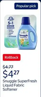 Walmart Snuggle SuperFresh Liquid Fabric Softener with Odor Eliminating Technology, Morning Breeze offer