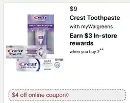 Walgreens Crest Toothpaste offer