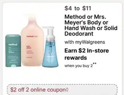 Walgreens Method or Mrs. Meyer's Body or Hand Wash or Solid Deodorant offer