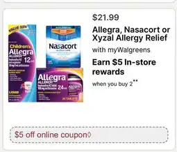Walgreens Allegra, Nasacort or Xyzal Allergy Relief offer