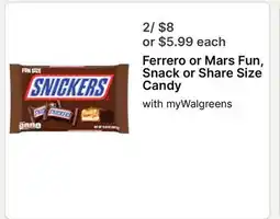 Walgreens Ferrero or Mars Fun, Snack or Share Size Candy offer