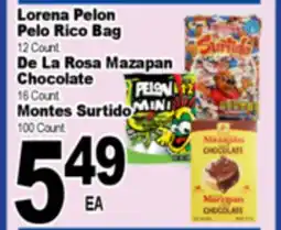 Superior Grocers Lorena Pelon Pelo Rico Bag 12 Count. De La Rosa Mazapan Chocolate 16 Count. Montes Surtido 100 Count offer