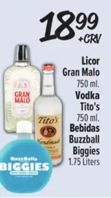 El Super Licor Gran Malo 750ml. Vodka Tito's 750 ml. Bebidas Buzzball Biggies 1.75 Liters offer
