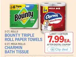 Kings Food Markets 2 CT. ROLLS BOUNTY TRIPLE ROLL PAPER TOWELS 6 CT. MEGA ROLLS CHARMIN BATH TISSUE offer