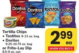 ACME Tortilla Chips Tostitos 9-13 oz. bag Doritos 9.25-10.75 oz. bag or Frito-Lay Dip 8.5-9 oz. can offer