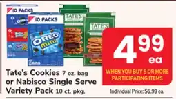 ACME Tate's Cookies 7 oz. bag or Nabisco Single Serve Variety Pack 10 ct. pkg offer