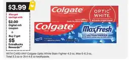 CVS ANY Colgate Optic White Stain Fighter 4.2 oz, Max 6-6.3 oz, Total 3.3 oz or 2in1 4.6 oz toothpaste offer