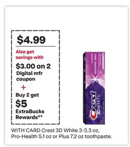 CVS Crest 3D White 3-3.3 oz, Pro-Health 5.1 oz or Plus 7.2 oz toothpaste offer