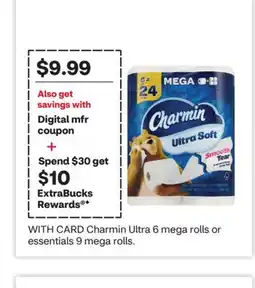 CVS Charmin Ultra 6 mega rolls or essentials 9 mega rolls offer