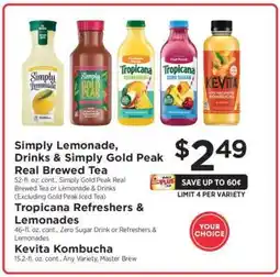 ShopRite Simply Lemonade, Drinks & Simply Gold Peak Real Brewed Tea offer