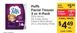 ShopRite Puffs Facial Tissues 3 or 4-Pack offer