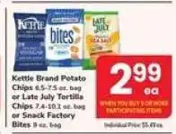 Safeway Kettle Brand Potato Chips or Late July Tortilla Chips or Snack Factory Bites offer