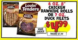 Ollie's 6 OZ. 8 CHICKEN RAWHIDE ROLLS OR 7 OZ. DUCK FILETS offer