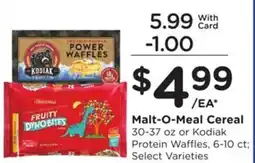 Kroger Malt-O-Meal Cereal 30-37 oz or Kodiak Protein Waffles, 6-10 offer