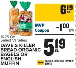 Food Lion Dave's killer bread organic bagels or english muffin offer
