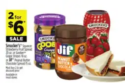 Dollar General Smucker's Squeeze Strawberry Fruit Spread or Goober Grape Stripes Jif Peanut Butter Chocolate Spread offer
