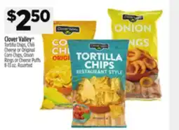 Dollar General Clover Valley Tortilla Chips, Chili Cheese or Original Corn Chips, Onion Rings or Cheese offer