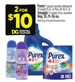Dollar General Purex Liquid Laundry Detergent or Pacs or Snuggle Crystals offer