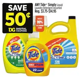 Dollar General ANY Tide Simply Liquid Laundry Detergent offer
