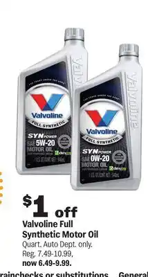 Meijer Valvoline Full Synthetic Motor Oil Quart offer