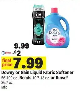 Meijer Downy or Gain Liquid Fabric Softener 56-100 oz., Beads 10.7-13 oz. or Rinse* 36.7 oz. Mfr offer