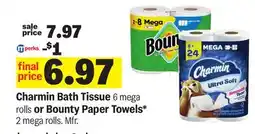 Meijer Charmin Bath Tissue 6 mega rolls or Bounty Paper Towels 2 mega rolls offer
