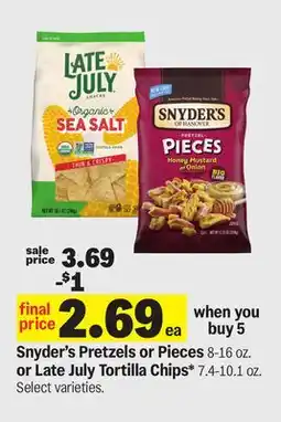 Meijer Snyder's Pretzels or Pieces 8-16 oz. or Late July Tortilla Chips* 7.4-10.1 oz offer