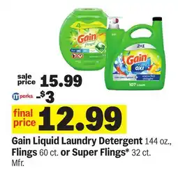 Meijer Gain Liquid Laundry Detergent 144 oz., Flings 60 ct. or Super Flings* 32 ct. Mfr offer