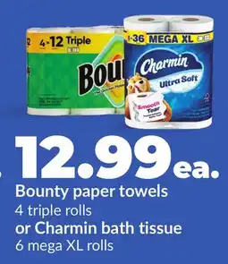 Hy-Vee Bounty paper towels 4 triple rolls or Charmin bath tissue 6 mega XL rolls offer