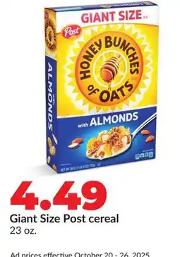 Hy-Vee Giant Size Post cereal offer