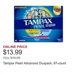 Costco Tampax Pearl Advanced Duopack, 87-count offer
