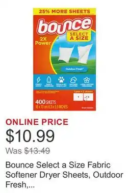 Costco Bounce Select a Size Fabric Softener Dryer Sheets, Outdoor Fresh, 400-count offer