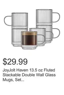 Costco JoyJolt Haven 13.5 oz Fluted Stackable Double Wall Glass Mugs, Set of 6 offer