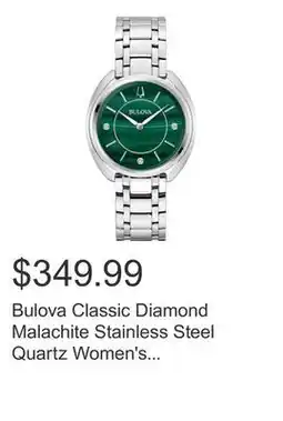 Costco Bulova Classic Diamond Malachite Stainless Steel Quartz Women's Watch, 34mm offer