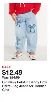 Old Navy Old Navy Pull-On Baggy Bow Barrel-Leg Jeans for Toddler Girls offer