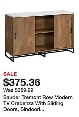 Office Depot Sauder Tremont Row Modern TV Credenza With Sliding Doors, Sindoori Mango/White offer