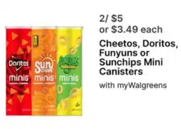 Walgreens Cheetos, doritos, funyuns or sunchips mini canisters offer