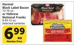 Albertsons Hormel Black Label Bacon 12-16 oz. or Hebrew National Franks 9.43-12 oz offer