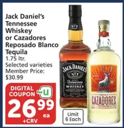Albertsons Jack Daniel's Tennessee Whiskey or Cazadores Reposado Blanco Tequila offer
