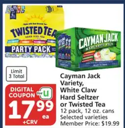Albertsons Cayman Jack Variety, White Claw Hard Seltzer or Twisted Tea 12 pack, 12 oz. cans offer