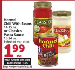 Albertsons Hormel Chili With Beans 14-15 oz. or Classico Pasta Sauce 15-24 oz offer