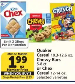 Vons Quaker Cereal 10.3-12.6 oz. Chewy Bars 5-8 ct. or Chex Cereal 12-14 oz offer